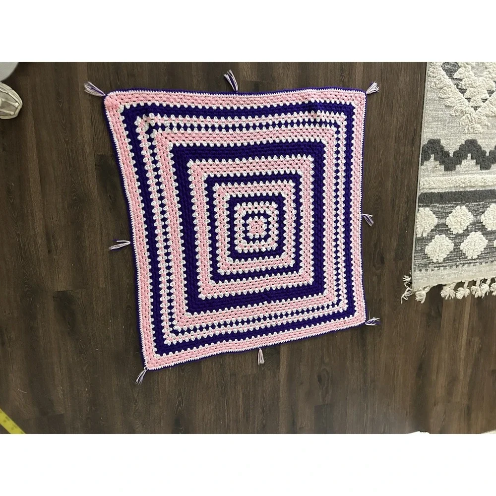 Vintage Afghan Granny Square Blanket Hand Crocheted Pink‎ Purple Tassel 41x39